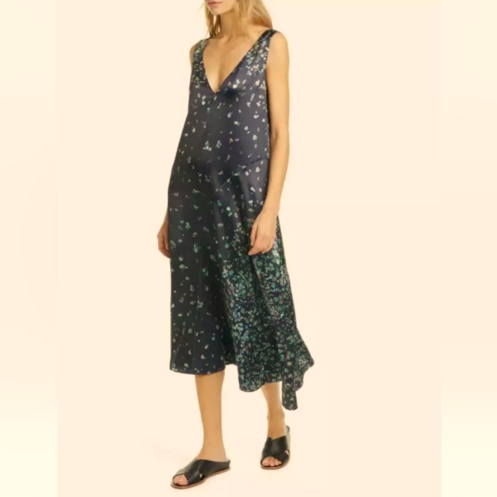 NWOT Vince Asymmetrical Floral Silky Maxi Dress - Black and Green Size XL